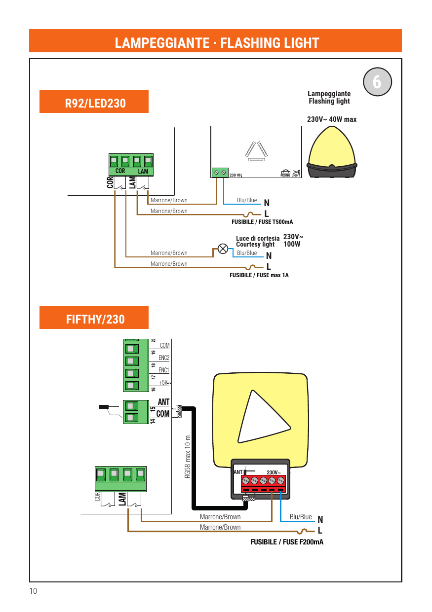 Fig. 6 — Raccordement du clignotant R92/LED230 et FIFTHY/230, lumière de courtoisie