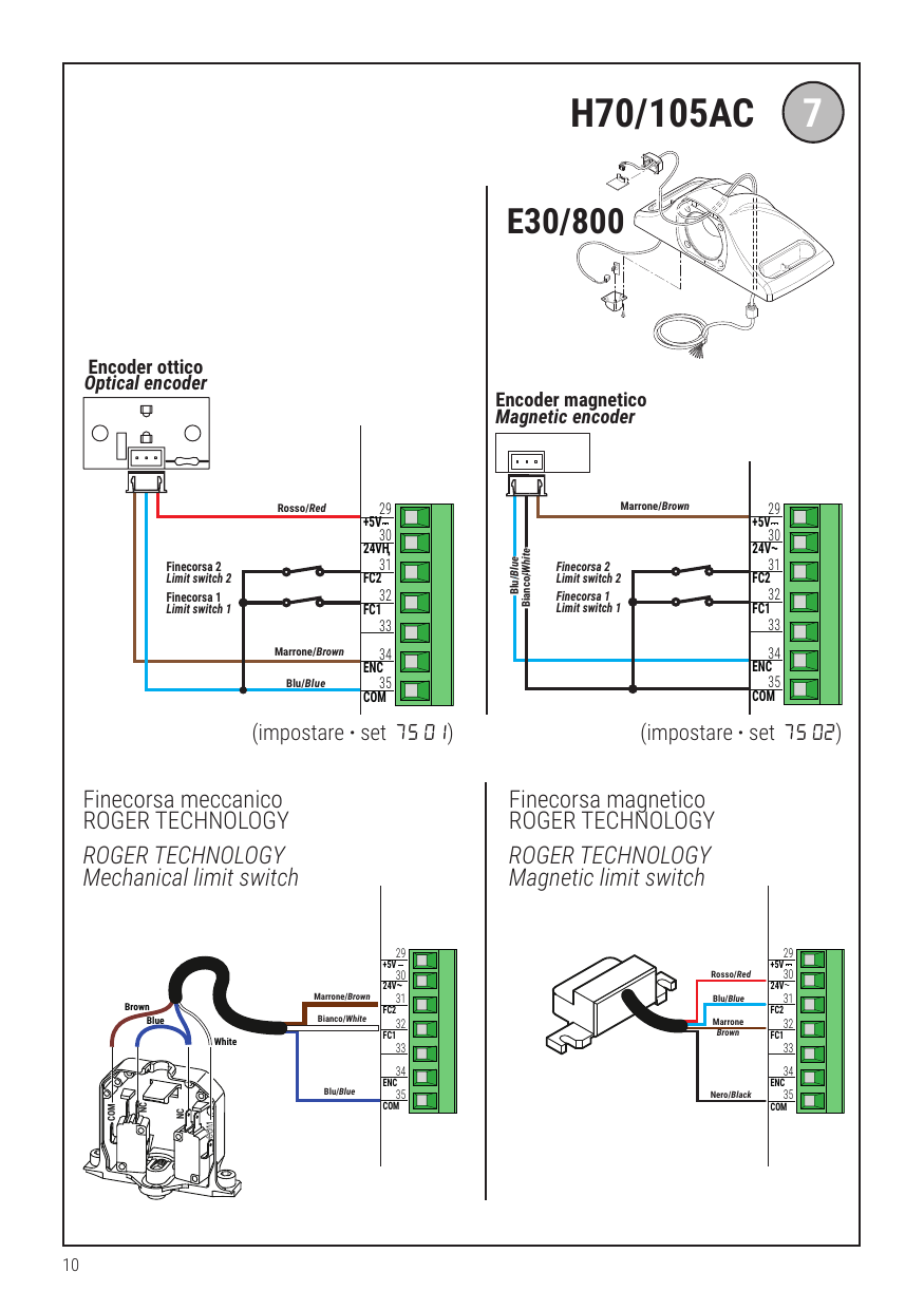 H70/105AC — Raccordements E30/800 : encodeur optique (réglage 75 01), encodeur magnétique (réglage 75 02), fin de course mécanique ROGER TECHNOLOGY et fin de course magnétique ROGER TECHNOLOGY sur bornes 29 à 35.