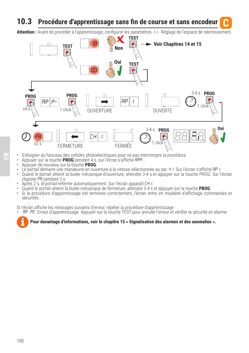 Séquence de la procédure d'apprentissage sans fin de course et sans encodeur (TEST, PROG, ouverture AP 1, PA, fermeture CH 1).