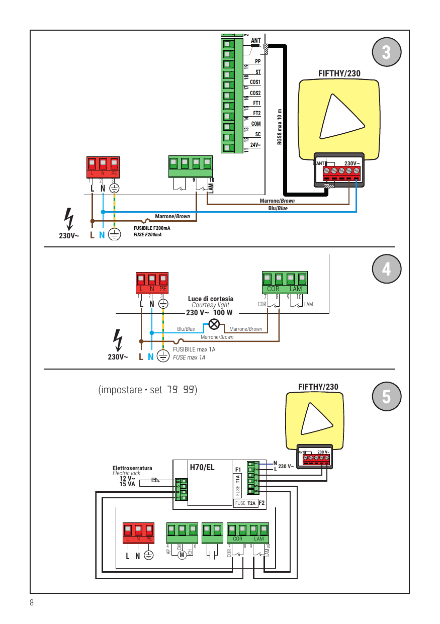 Schémas de raccordement du clignotant FIFTHY/230 (repère 3, fusible F200mA), de la lumière de courtoisie 230 V~ 100 W (repère 4, fusible max 1A) et de l'électroserrure H70/EL avec FIFTHY/230 (repère 5, réglages 79 99, fusibles T1A et T2A, électroserrure 12 V~ 15 VA).
