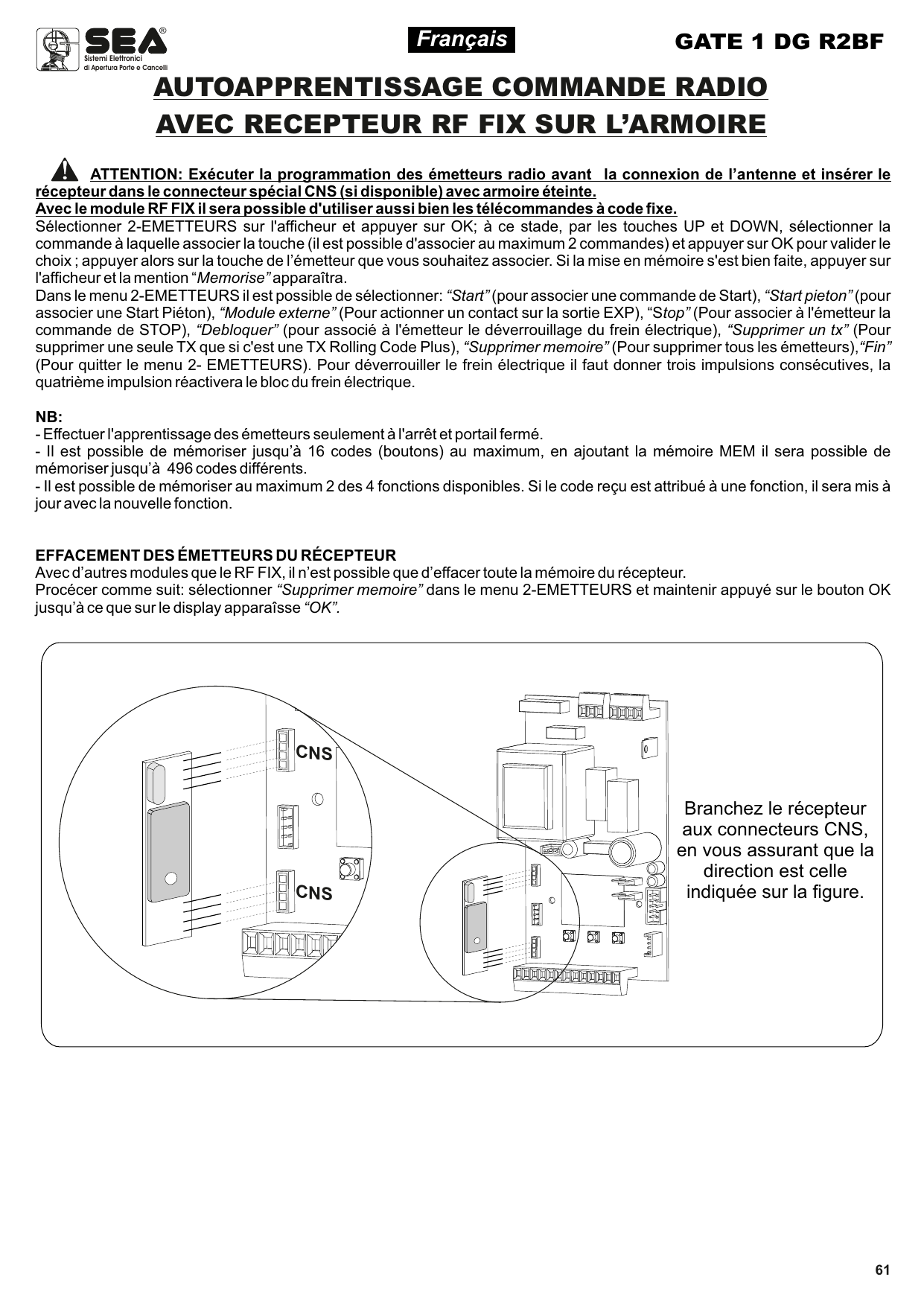 Branchement du récepteur RF FIX sur les connecteurs CNS, en respectant la direction indiquée