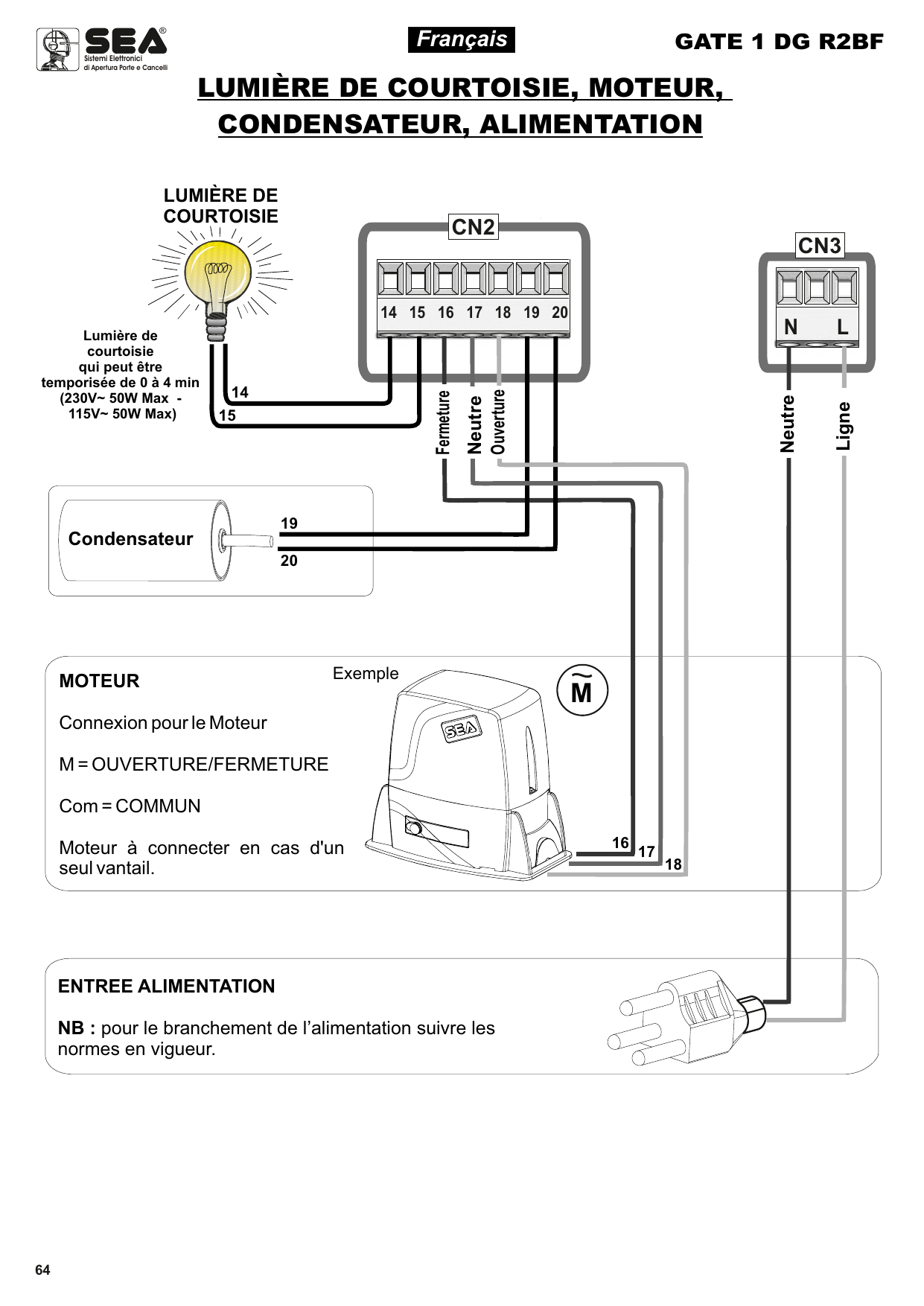 Schéma de câblage de la lumière de courtoisie (CN2 14-15), du moteur (CN2 16-17-18), du condensateur (CN2 19-20) et de l'alimentation (CN3 N/L)