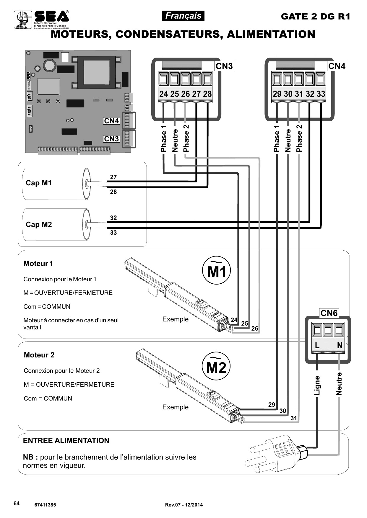 Schéma de raccordement des moteurs M1 et M2, des condensateurs et de l'alimentation