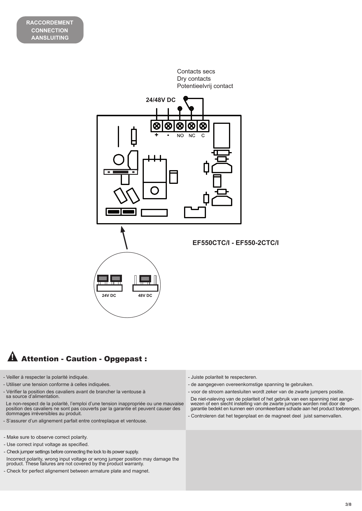 Schéma de raccordement de la carte électronique EF550CTC/I - EF550-2CTC/I : bornes « + - NO NC C », contacts secs / dry contacts / potentieelvrij contact, alimentation 24/48V DC, et position des cavaliers « 24V DC » et « 48V DC ».