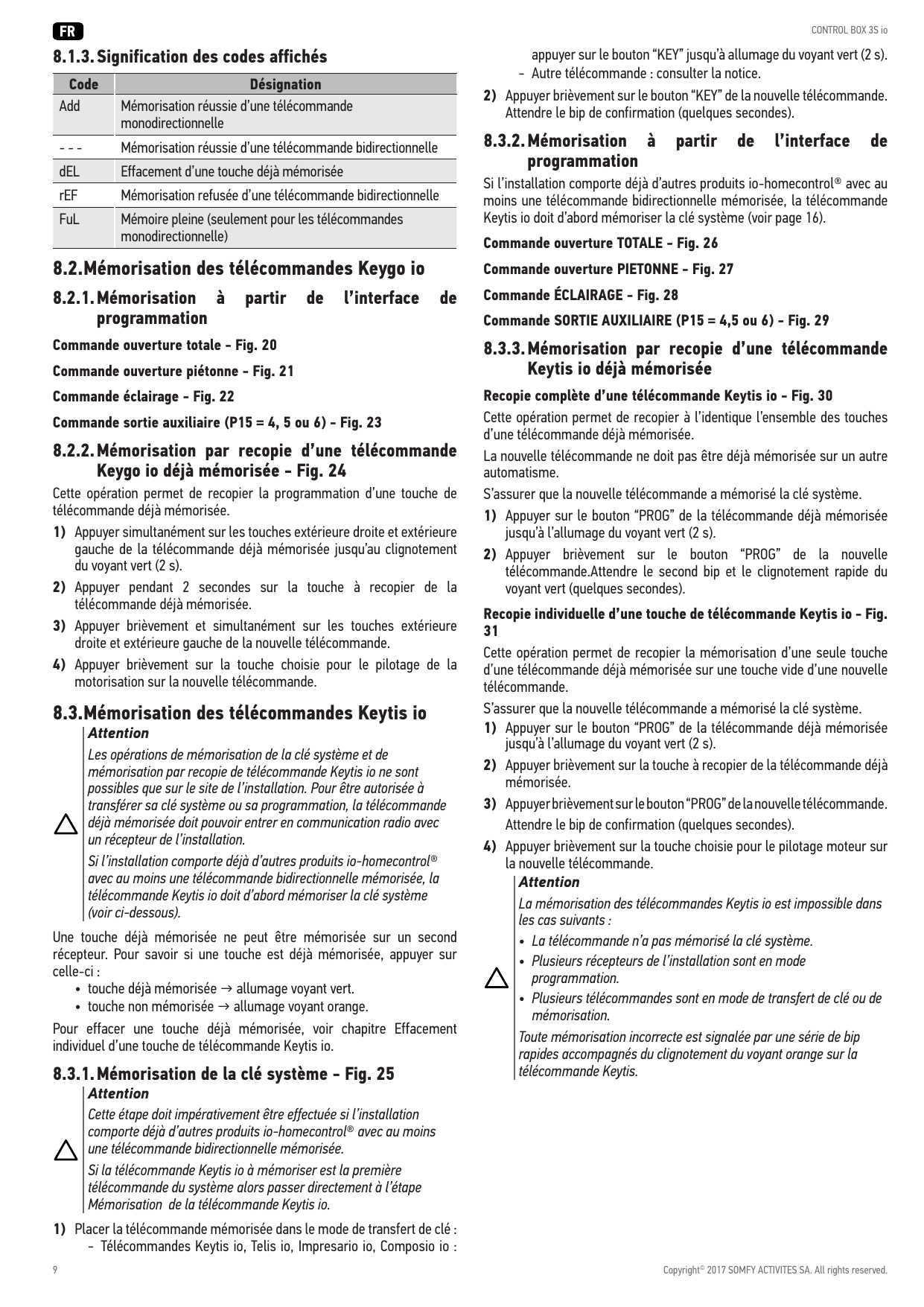 Fig. 20 à 23 - Mémorisation des télécommandes Keygo io (ouverture totale, ouverture piétonne, éclairage, sortie auxiliaire)