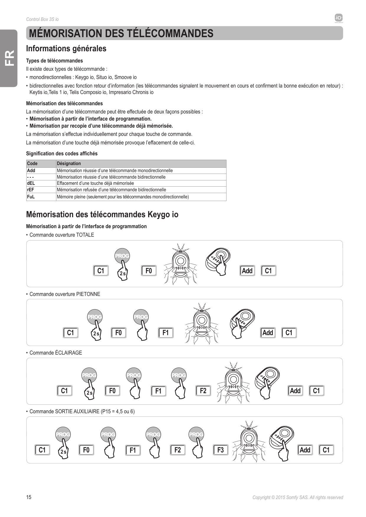 Séquences de mémorisation des télécommandes Keygo io