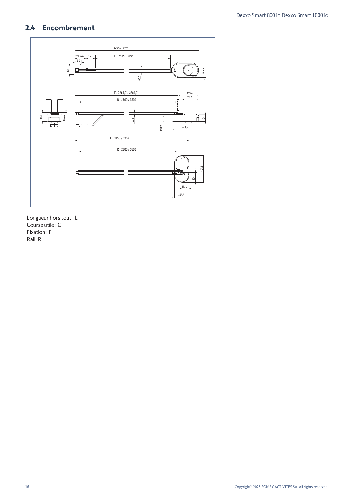 Cotes d'encombrement de la motorisation avec rail monobloc et rail en 2 parties