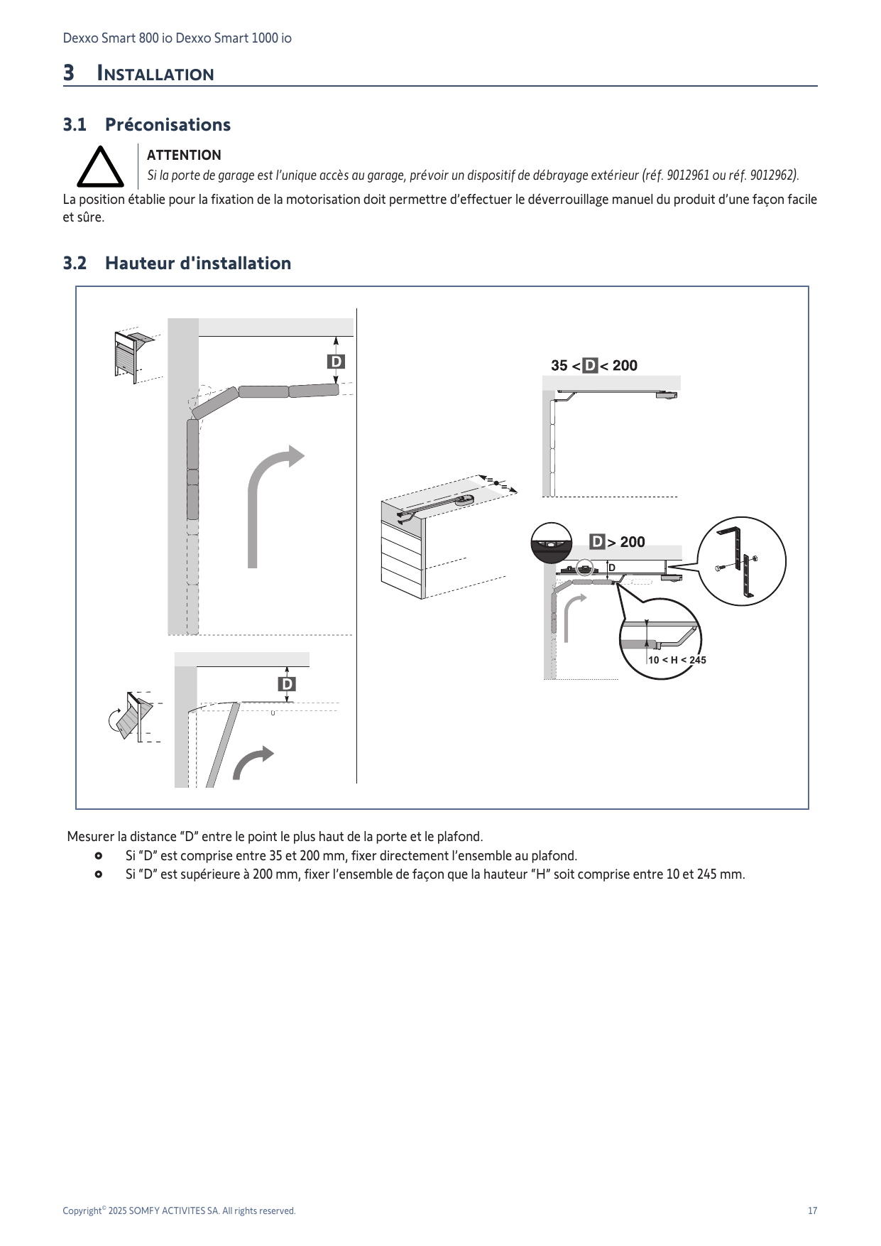 Mesure de la distance D et détermination de la hauteur d'installation H