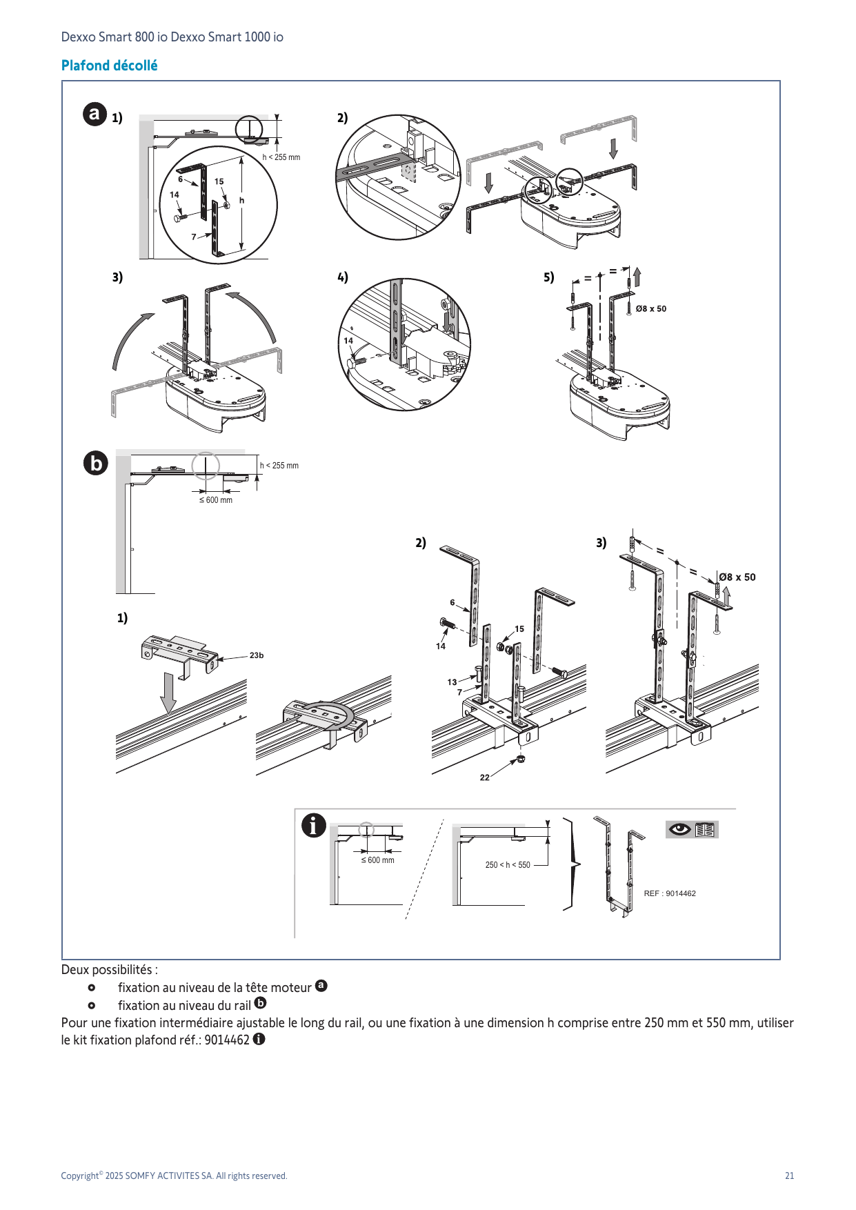 Fixation plafond décollé : (a) au niveau de la tête moteur, (b) au niveau du rail