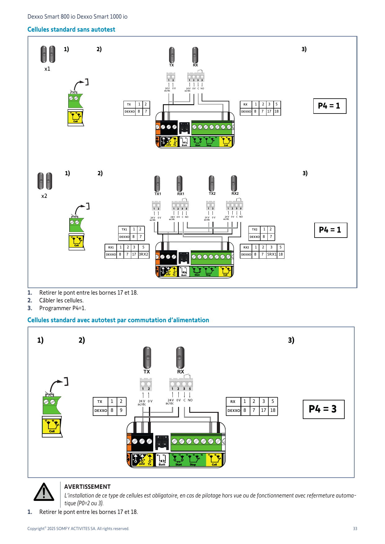 Câblage des cellules standard sans autotest (x1 et x2), P4 = 1