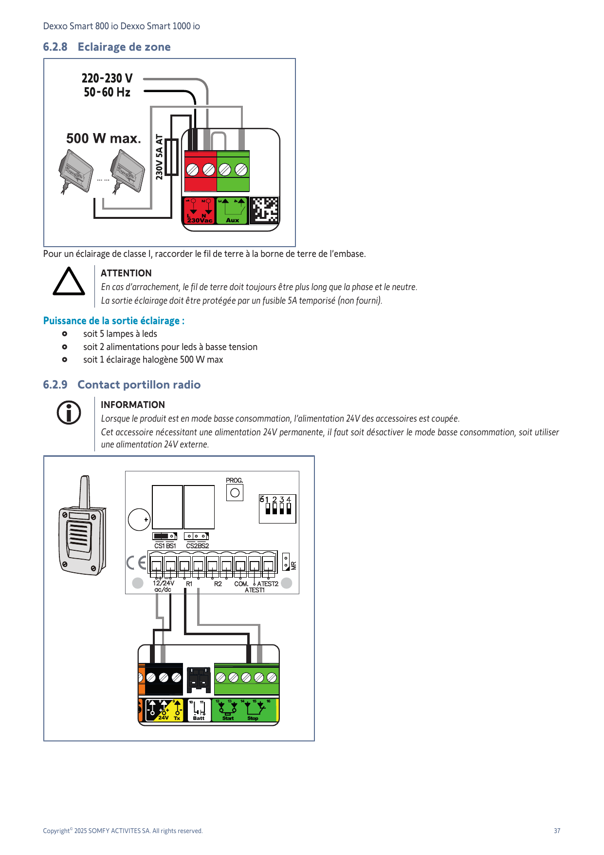 Raccordement de l'éclairage de zone 230V - 500 W max sur la sortie Aux avec fusible 5A AT