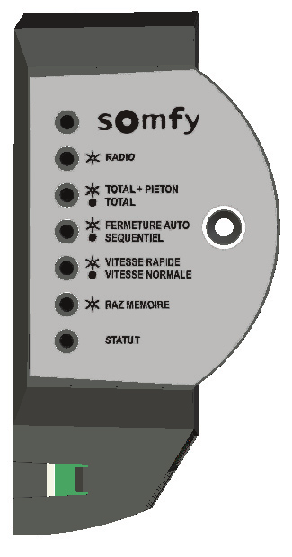 Boîtier électronique Somfy avec voyants RADIO, TOTAL+PIETON, FERMETURE AUTO, VITESSE, RAZ MEMOIRE, STATUT et détecteur de lumière
