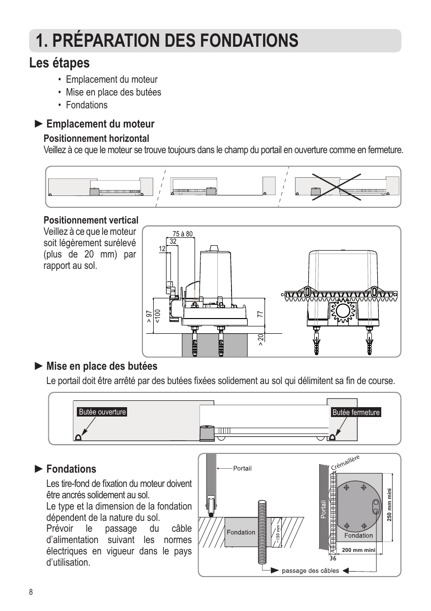 Cotes de positionnement vertical du moteur : 75 à 80, 32, 12, > 97, < 100, 77, > 20 mm au-dessus du sol