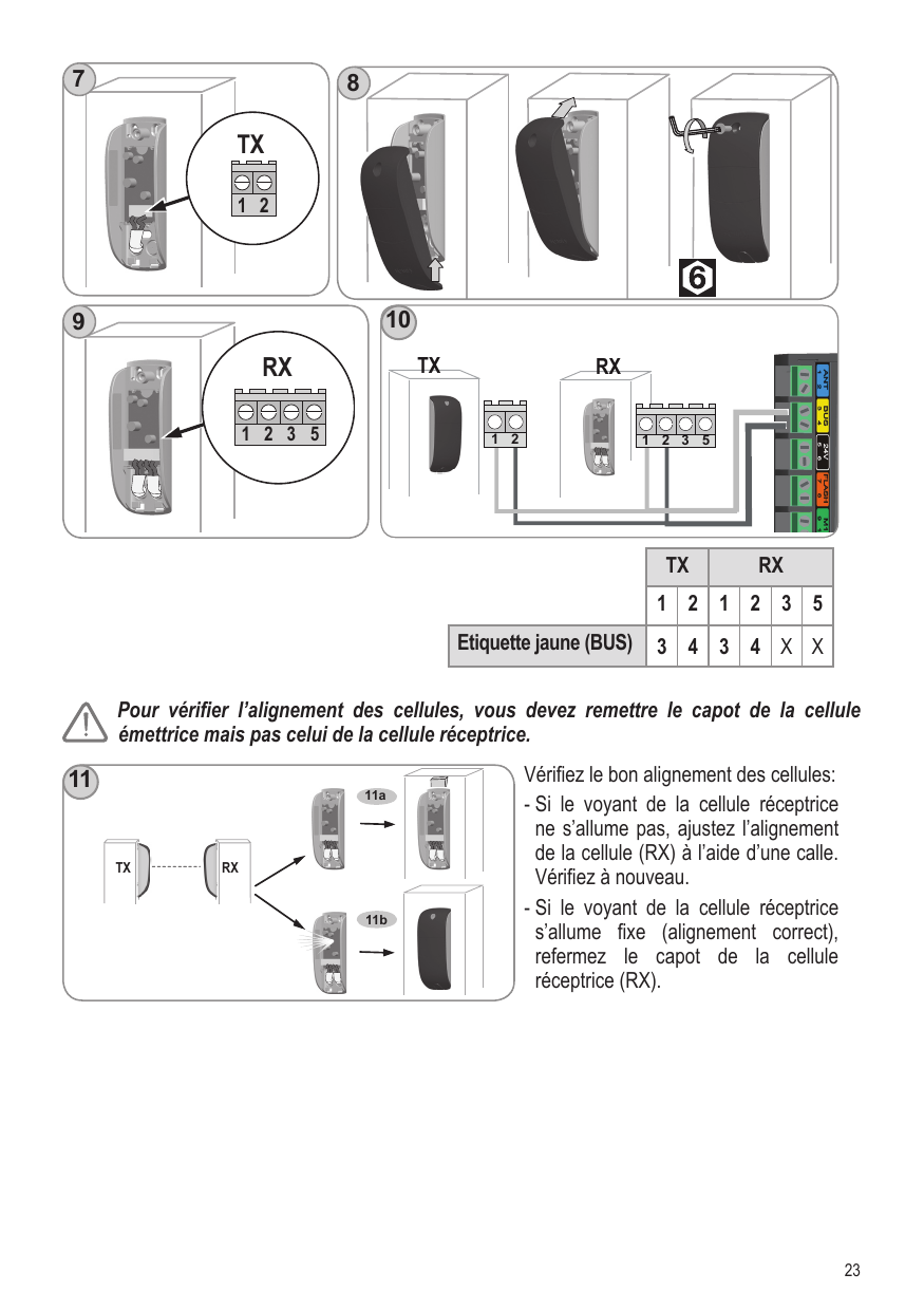 Étapes 1 à 11 d'installation du feu orange : ouverture, perçage (Ø3), préparation des câbles et fixation de l'ampoule