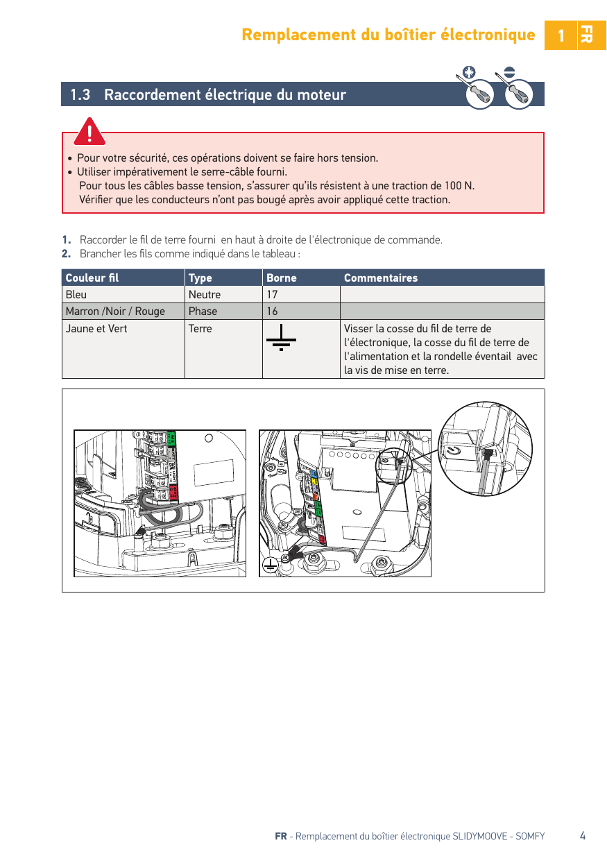 Raccordement électrique du moteur : alimentation 230V et fil de terre sur l'électronique de commande.