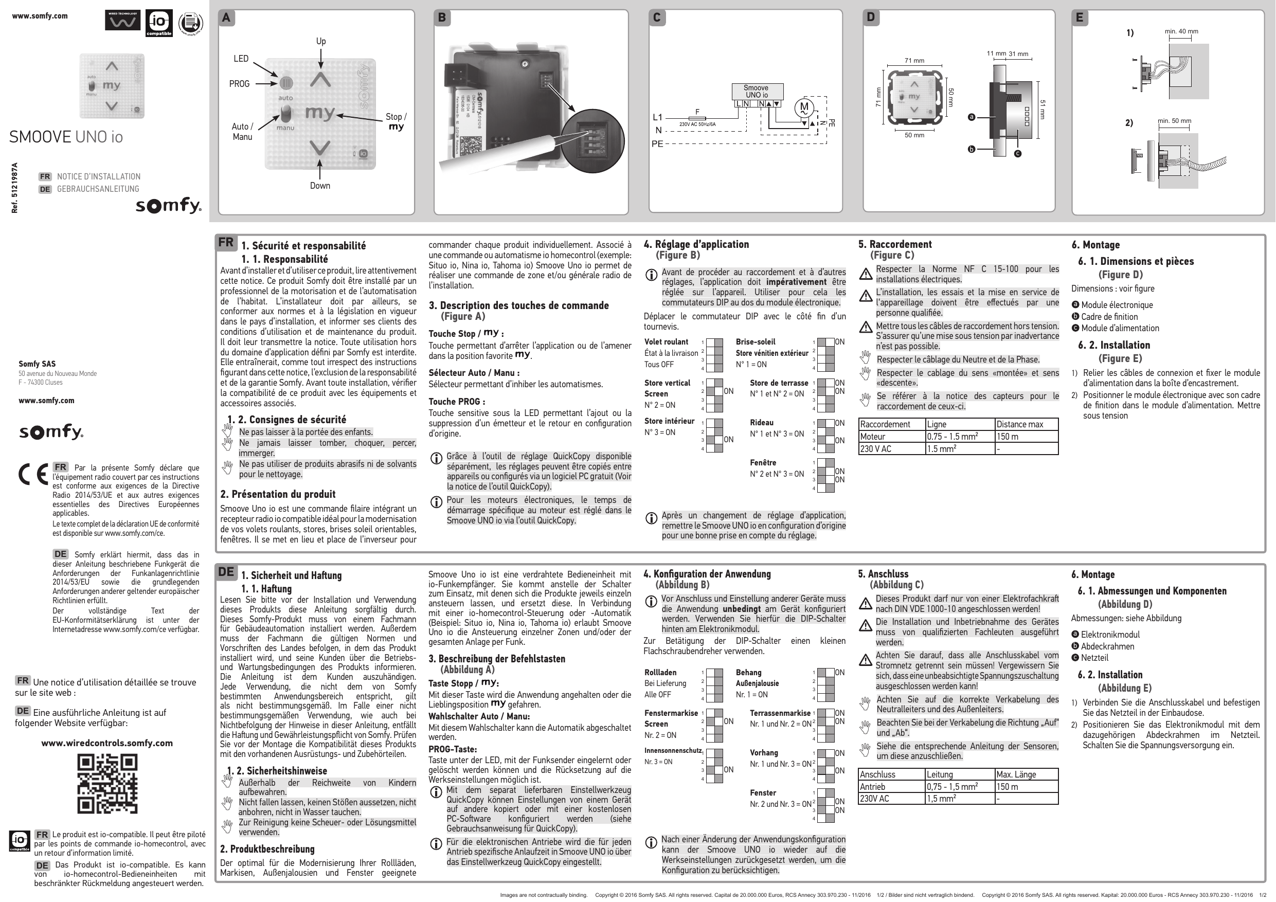 Figure A — disposition des touches : LED, PROG, sélecteur Auto/Manu, touches Up, Down et Stop/my