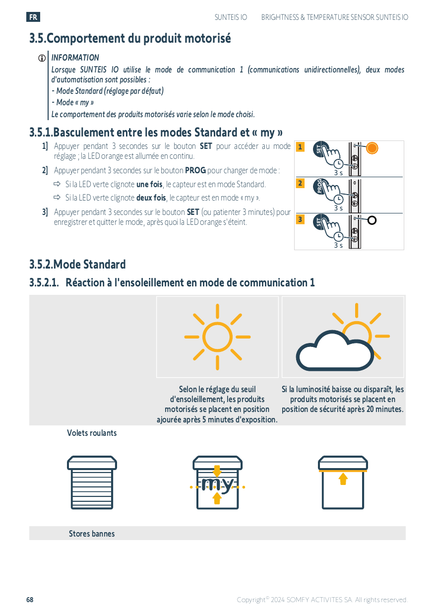 Comportement des volets roulants et stores bannes en réaction à l'ensoleillement (mode Standard)