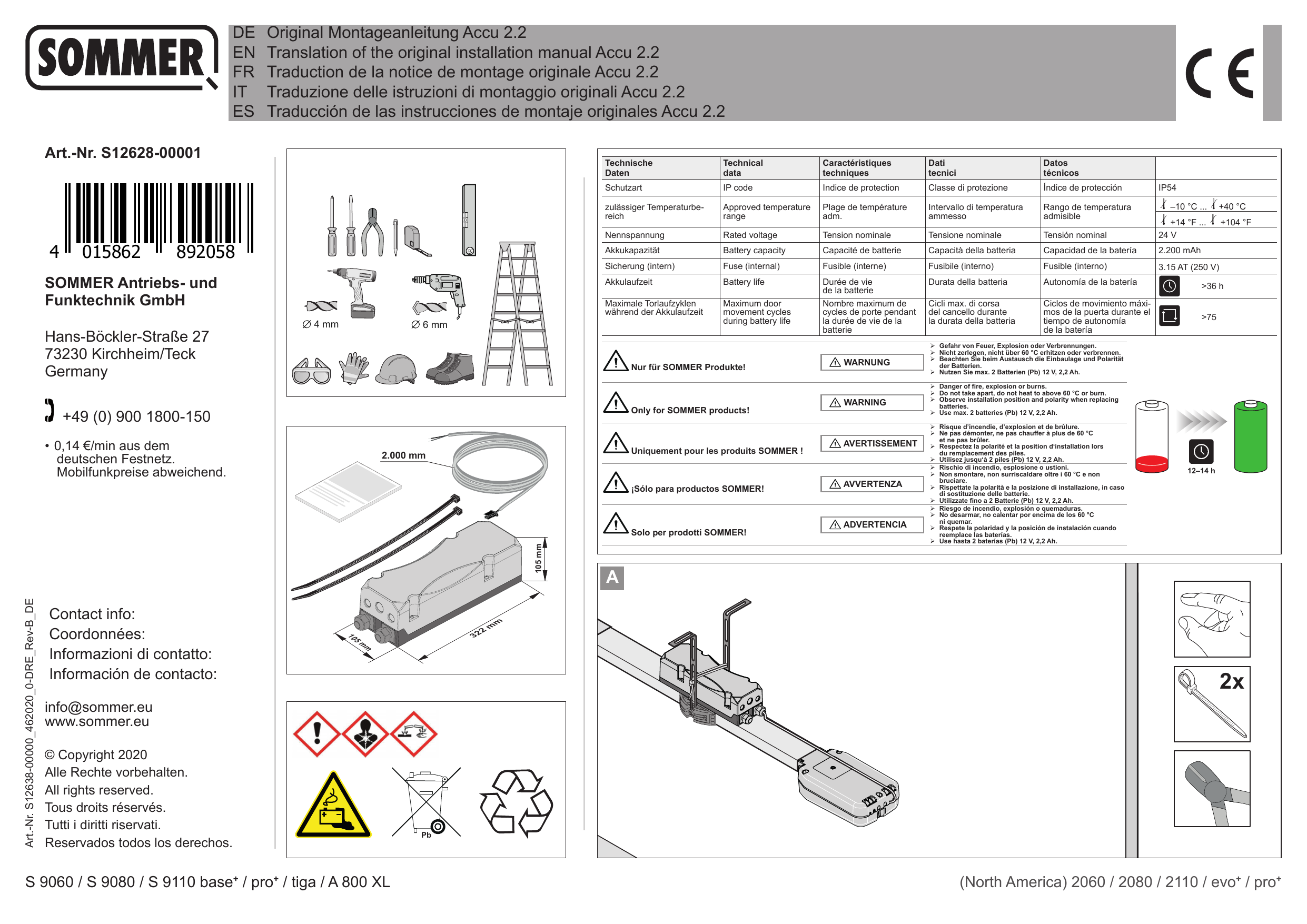 Schéma A : fixation de la batterie Accu 2.2 sur le rail de la motorisation (utilisation de 2 colliers de serrage)