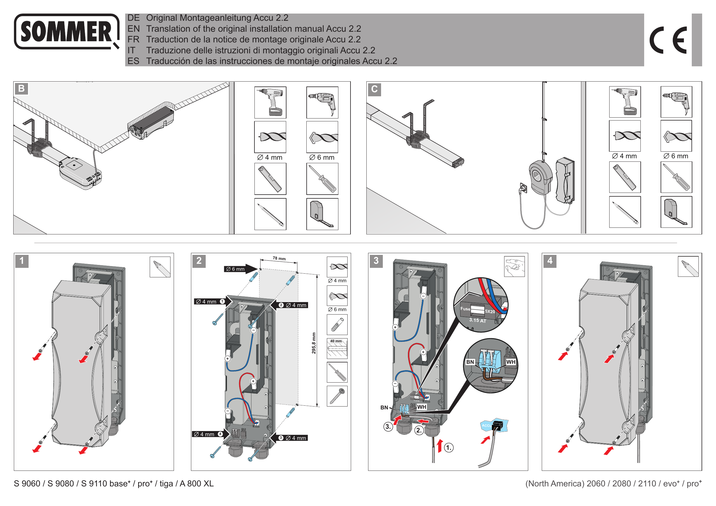 Variante B : montage au plafond le long du rail de la motorisation