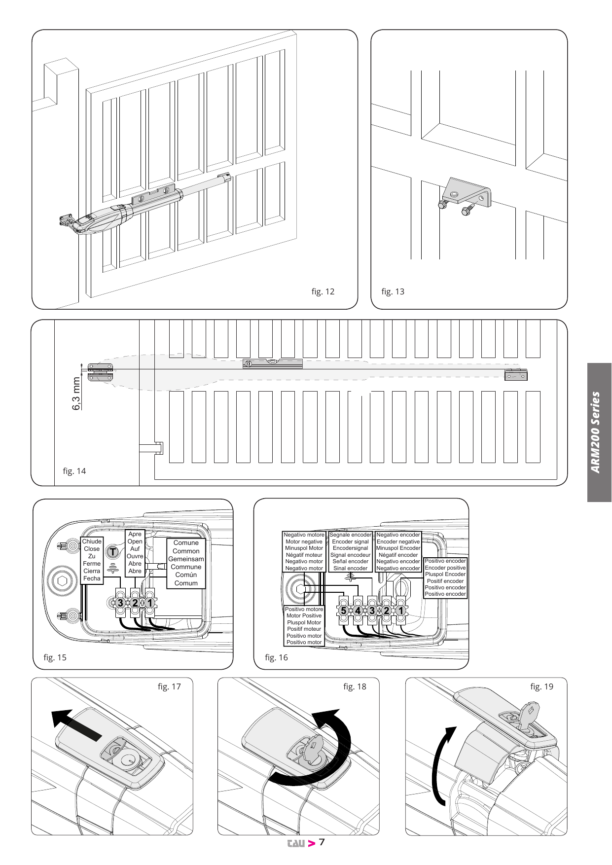 figg. 12-14 – Fissaggio staffa anteriore all'anta ; figg. 15-16 – Morsettiera collegamenti motore/encoder ; figg. 17-19 – Sblocco manuale con chiave