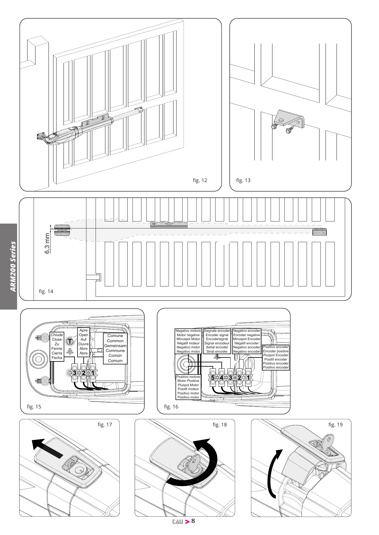 Fig. 15 et 16 — Bornier de connexion du moteur, des fins de course et de la mise à la terre
