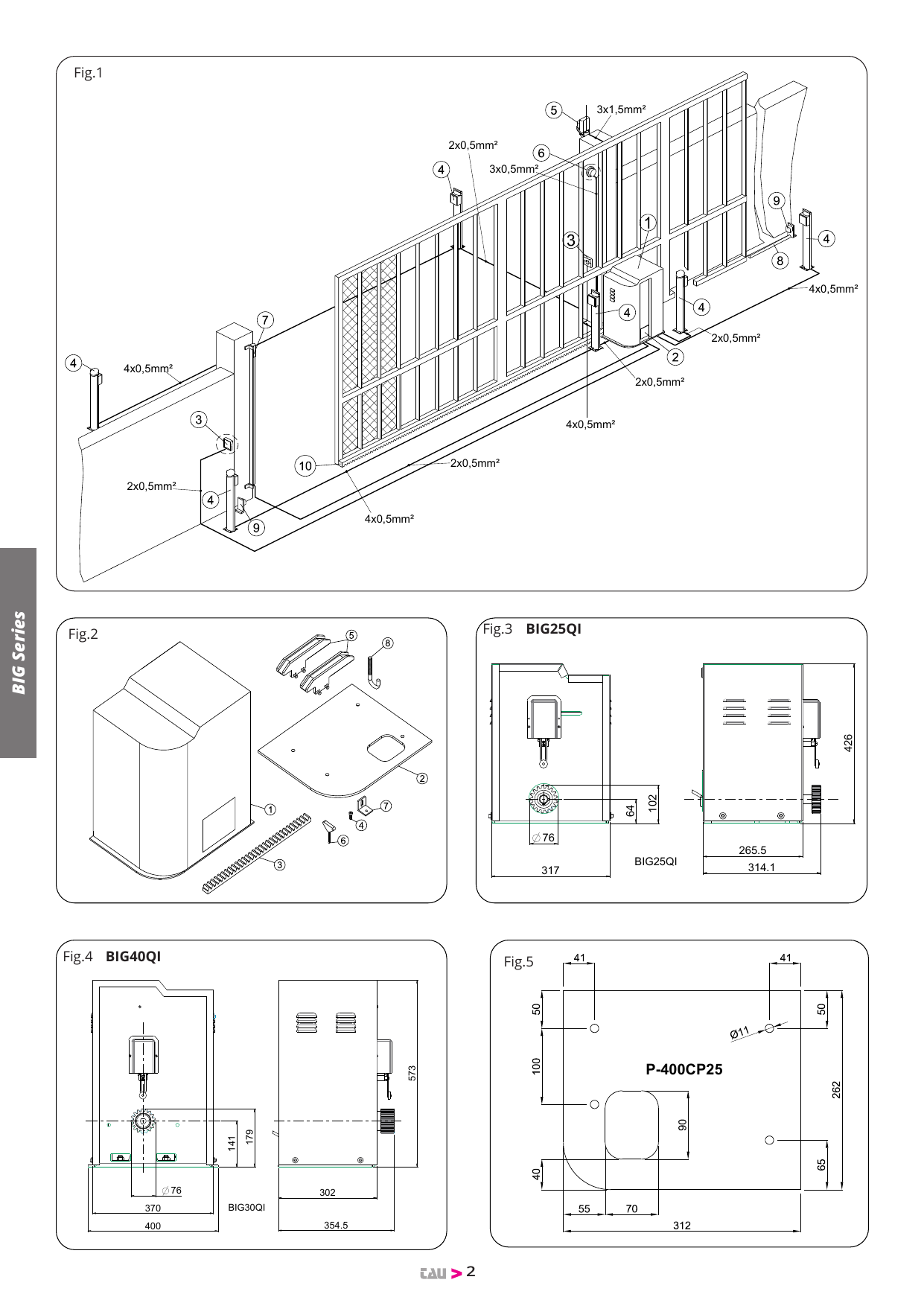 Fig.1 — Installation type ; Fig.2 — Matériel pour l'installation ; Fig.3 — Dimensions BIG25QI ; Fig.4 — Dimensions BIG40QI/BIG30QI ; Fig.5 — Contre-plaque de fondation P-400CP25