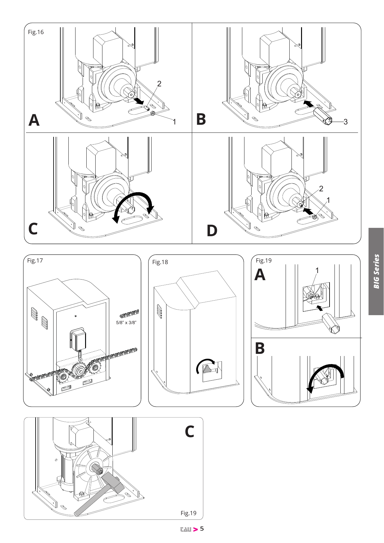Fig.16 — Réglage embrayage BIG40QI (A-D) ; Fig.17 — Version avec pignon à chaîne ; Fig.18 — Déblocage manuel BIG25QI ; Fig.19 — Déblocage manuel BIG40QI (A-C)