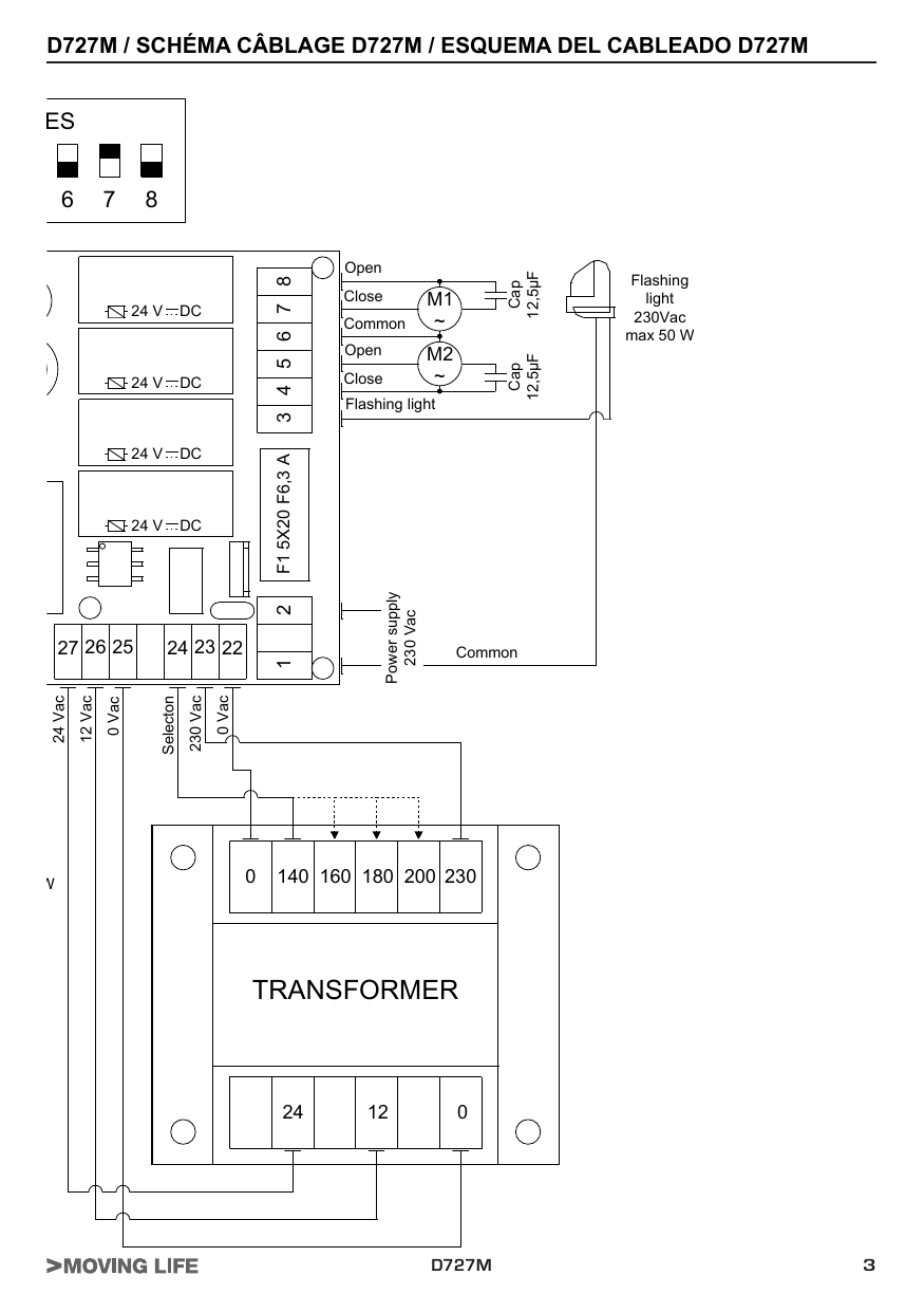 Schéma de câblage D727M (partie 2) : bornier 1 à 8 et 22 à 27, fusibles F1 5x20 F6,3A et F2 5x20 F2A, moteurs M1/M2 avec condensateurs 12,5 µF, clignotant 230 Vac max 50 W, transformateur (sorties 0-140-160-180-200-230 / 24-12-0)