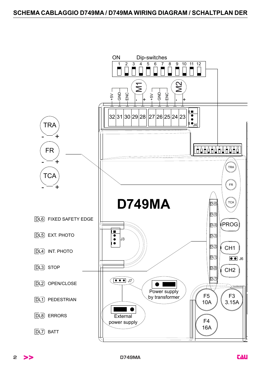 Schéma de câblage D749MA : implantation des borniers (1 à 32), dip-switches (1-12), trimmers TRA, FR, TCA, boutons PROG, CH1, CH2, fusibles F3 (3.15A), F4 (16A), F5 (10A), connecteurs J3, J4, J6, J7 et LED de signalisation DL1 à DL8.