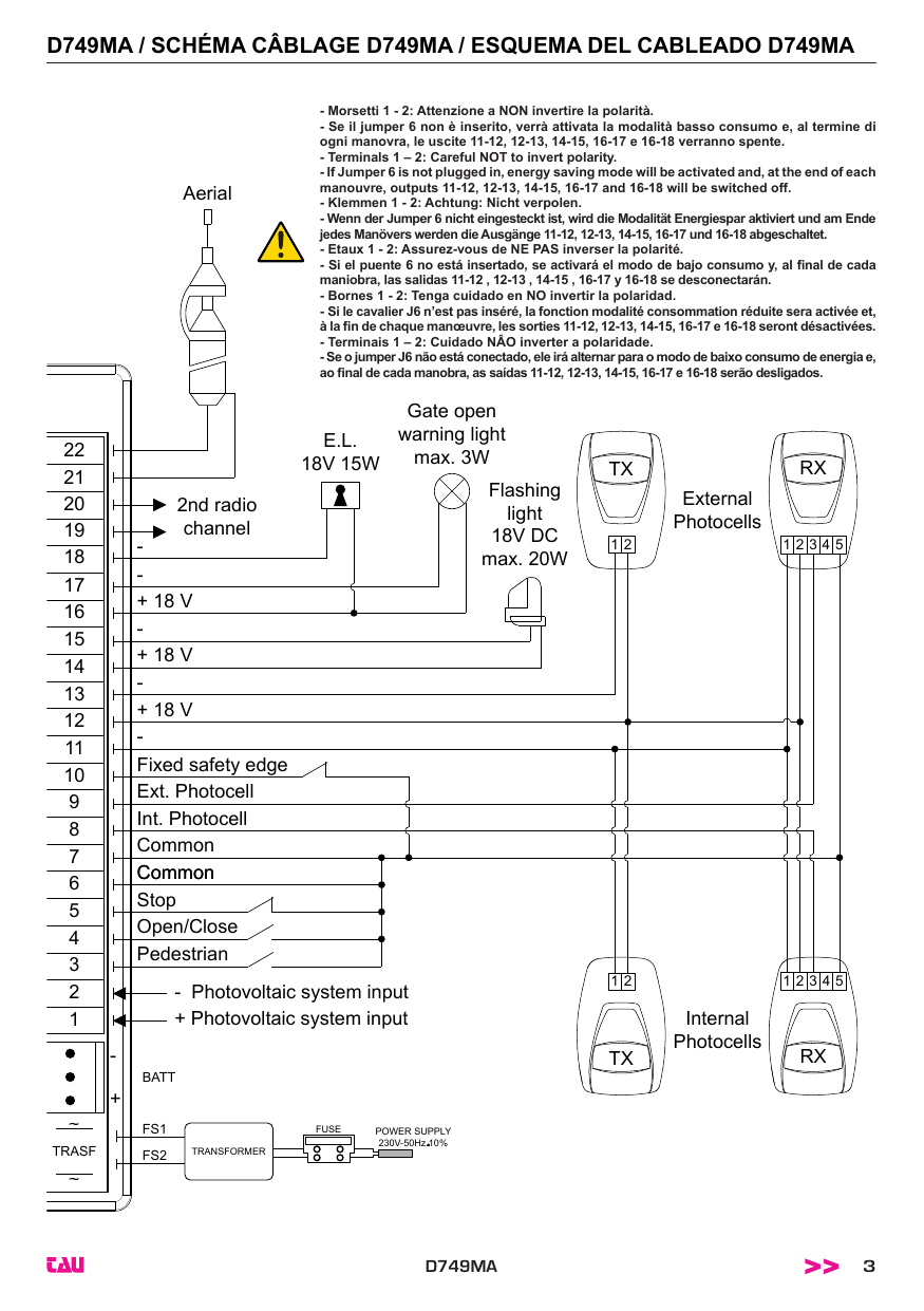 Schéma de câblage détaillé : raccordement des borniers 1 à 22, antenne, 2nd canal radio, serrure électrique (E.L. 18V 15W), voyant grille ouvert (max. 3W), clignotant (18V DC max. 20W), photocellules internes et externes (TX/RX), entrée système photovoltaïque (bornes 1-2), batterie (BATT), transformateur et alimentation 230V 50Hz.