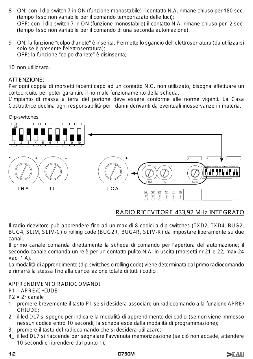 Schema posizione dip-switches, trimmer (T.R.A., T.L., T.C.A.) e led di segnalazione