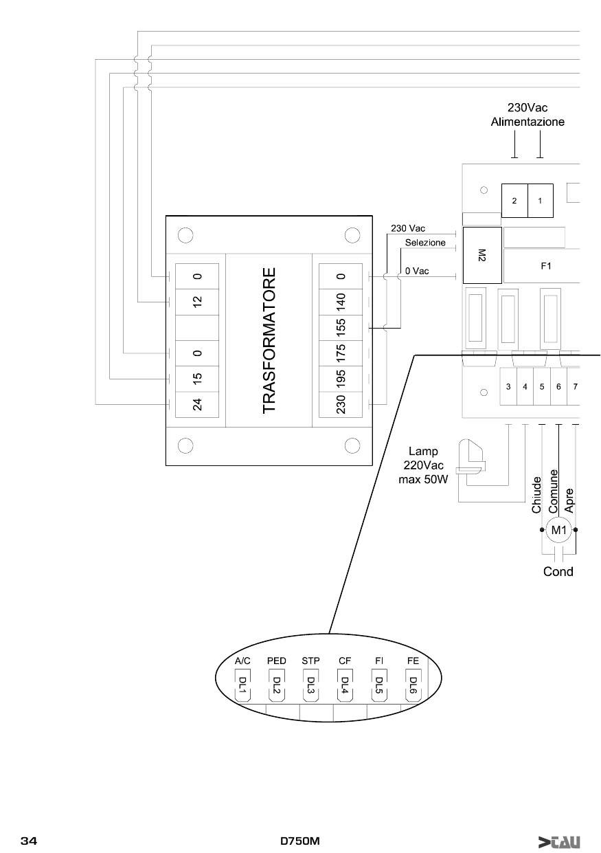 Schéma de câblage D750M — transformateur, alimentation 230Vac, lampe et moteur M1 (1re partie)