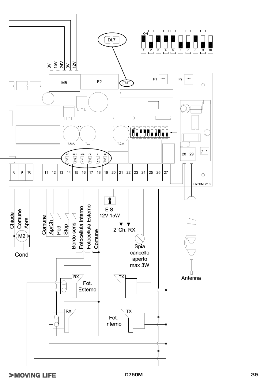 Schéma de câblage D750M — carte, bornier (8 à 29), dip-switches, trimmers, moteur M2, photocellules, électroserrure et antenne (2e partie)