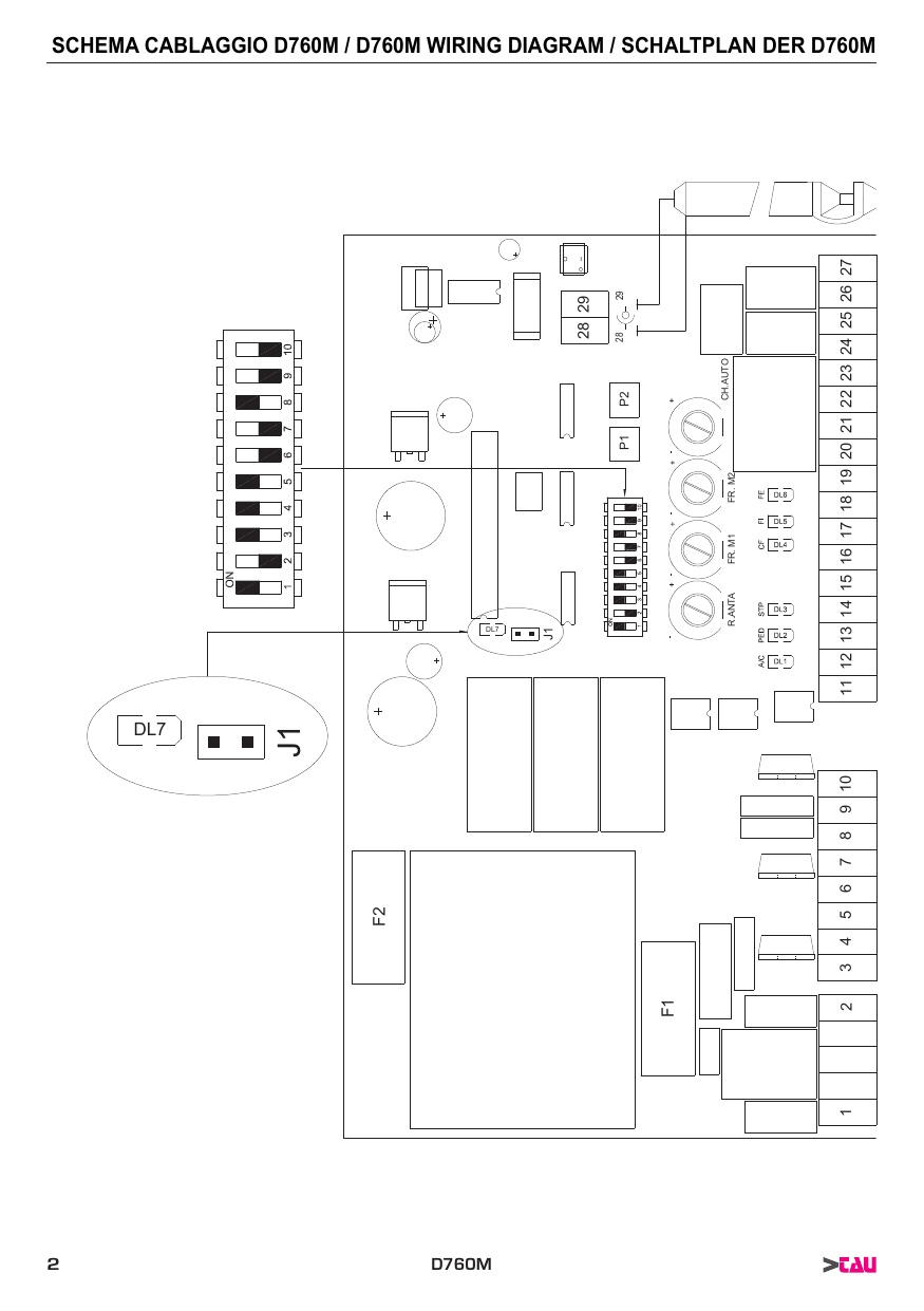 Schéma de câblage de la carte D760M (borniers, fusibles F1/F2, dip-switches, trimmers R.ANTA / FR.M1 / FR.M2 / CH.AUTO, leds DL1–DL7, cavalier J1)