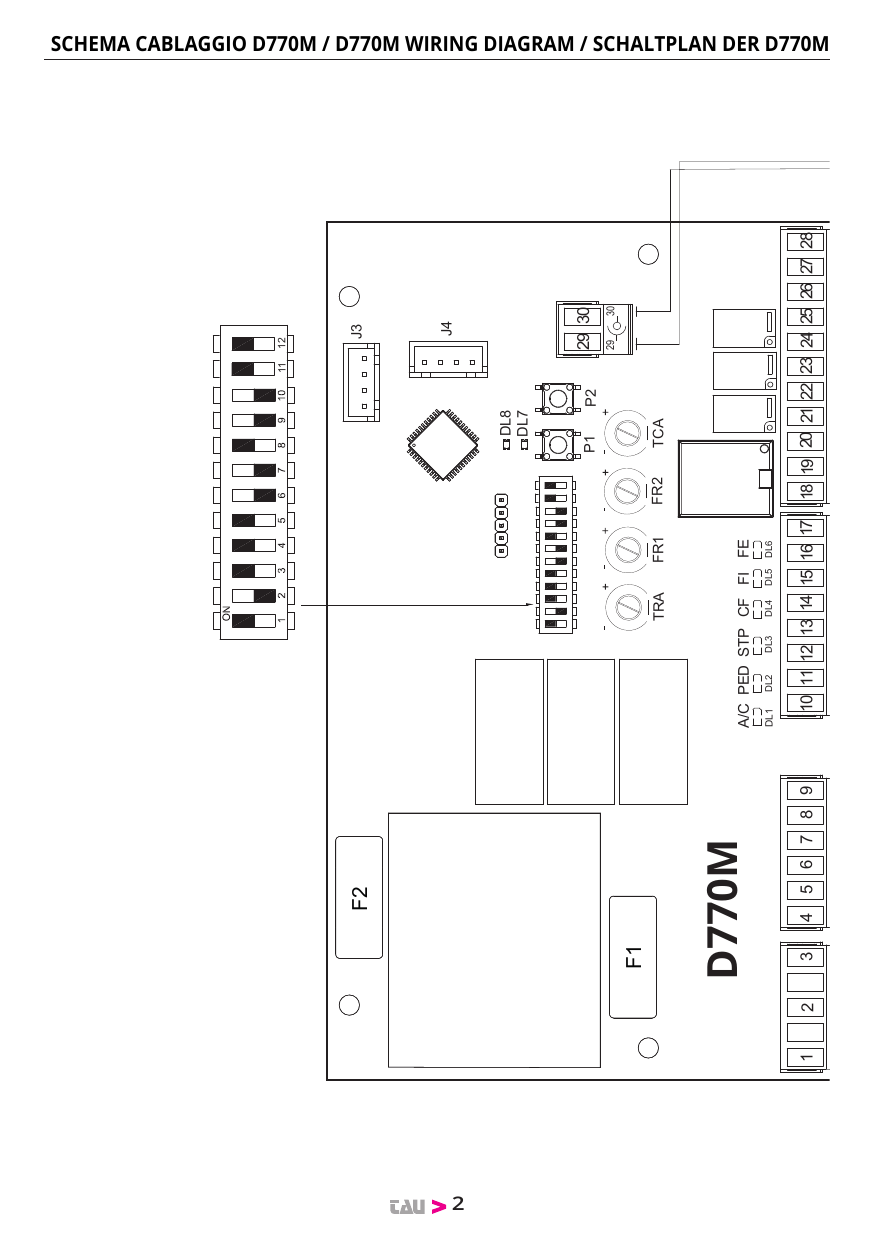 Schéma de câblage de la carte D770M : implantation des composants, borniers (1 à 30), dip-switches, trimmers (TRA, FR1, FR2, TCA), boutons P1/P2, leds DL1 à DL8, fusibles F1/F2, connecteurs J3/J4.