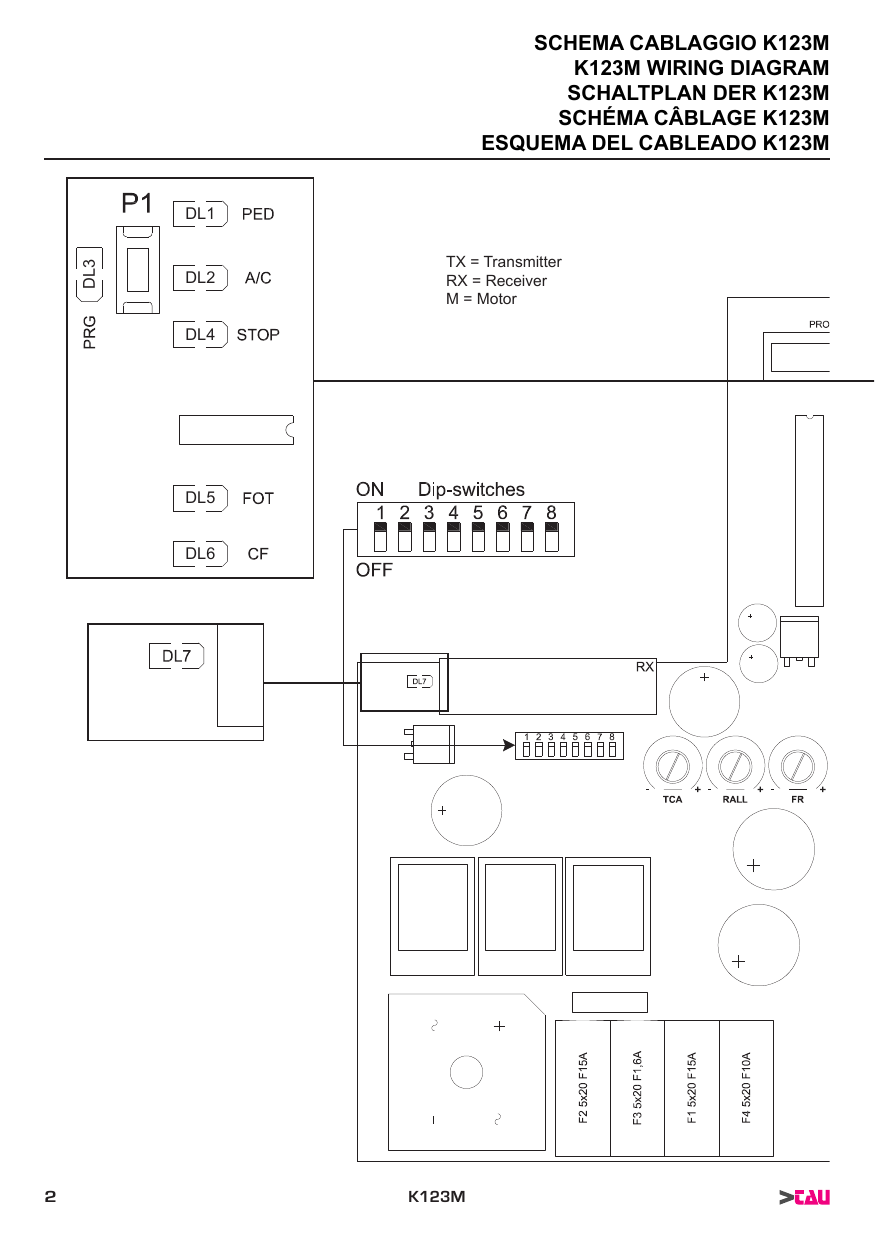 Schéma de câblage K123M : platine, dip-switches, leds DL1–DL7, trimmers TCA/RALL/FR, fusibles F1–F4