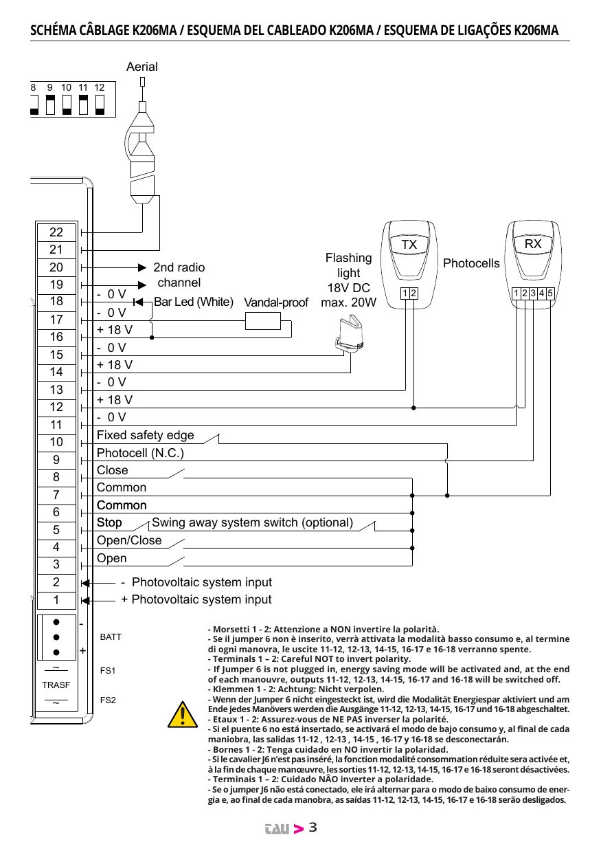 Schéma de câblage K206MA (suite) — bornier 1 à 22, raccordements antenne, photocellules (TX/RX), feu clignotant, anti-vandale, bar led, 2e canal radio, entrée système photovoltaïque, batterie (BATT), transformateur (TRASF, FS1, FS2)