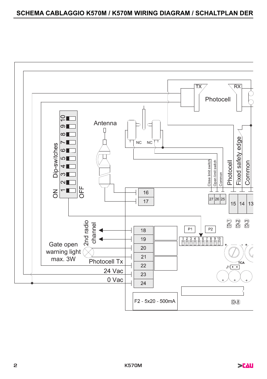 Schéma de câblage K570M (partie 1) : dip-switches, antenne (bornes 16-17), 2e canal radio (18-19), voyant portail ouvert (20-21), alimentation photocellules Tx (22), 24 Vac / 0 Vac (23-24), photocellule, fins de course (25-26-27), barre palpeuse fixe, stop, bornes 13-14-15, fusible F2 5x20 500 mA, trimmer TCA, cavalier J1