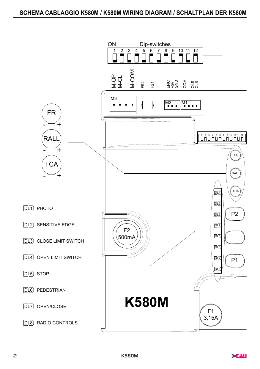 Schéma de câblage K580M : dip-switches (1-12), borniers M1 (fin de course CLS/OLS/COM), M2 (encodeur GND/+5V/ENC), M3 (moteur M-OP/M-CL/M-COM), FS1/FS2 (condensateur), trimmers FR, RALL, TCA, fusibles F1 3,15A et F2 500mA, LEDs DL1 PHOTO, DL2 SENSITIVE EDGE, DL3 CLOSE LIMIT SWITCH, DL4 OPEN LIMIT SWITCH, DL5 STOP, DL6 PEDESTRIAN, DL7 OPEN/CLOSE, DL8 RADIO CONTROLS