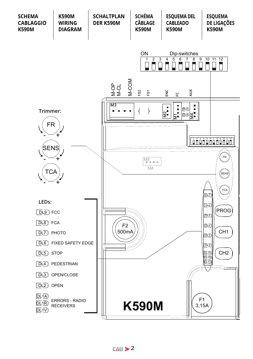 Schéma de câblage de la carte K590M : trimmers (FR, SENS, TCA), LEDs (DL1V, DL1R, DL2 à DL9, DL1A), dip-switches 1 à 12, connecteurs M1 à M5, fusibles F1 (3,15 A) et F2 (500 mA), touches PROG, CH1, CH2