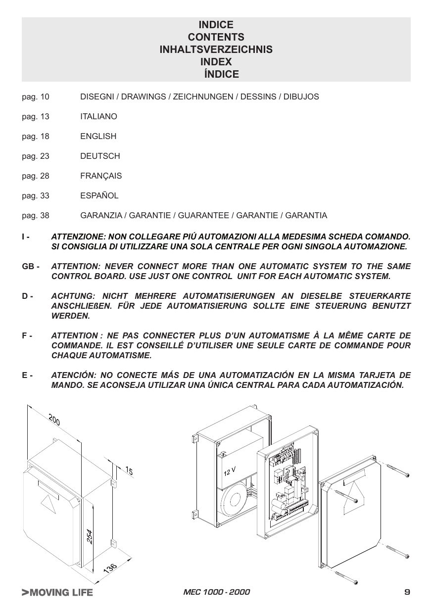 Dimensions du coffret (200 × 254 × 136 mm, profondeur 15 mm) et vue éclatée du montage de la carte, du transformateur 12V et du couvercle.