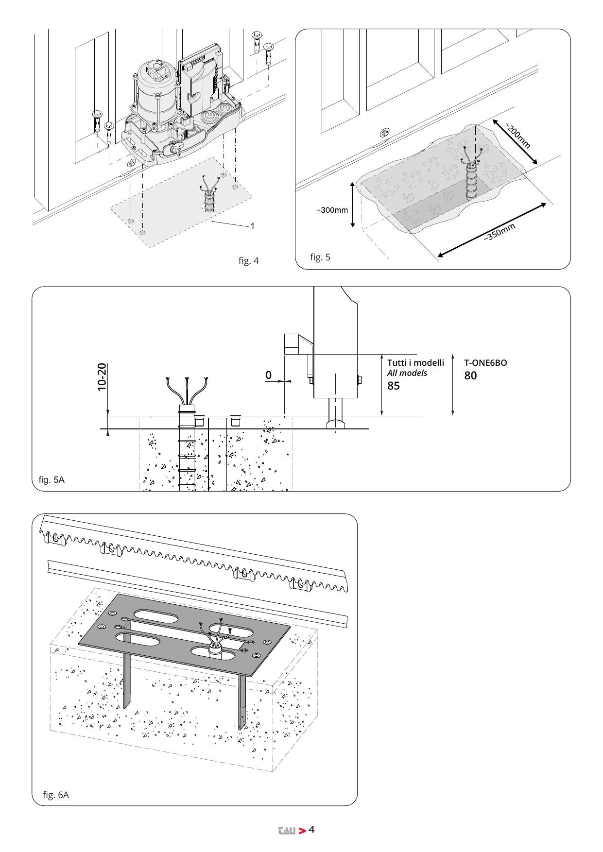 fig. 4 : fixation de l'opérateur sur la base. fig. 5 : dimensions du creusement (~200 mm, ~300 mm, ~350 mm). fig. 5A : positionnement en hauteur (10-20 ; cote « 0 » ; Tutti i modelli / All models 85 ; T-ONE6BO 80). fig. 6A : contre-plaque de fondation noyée dans le béton.