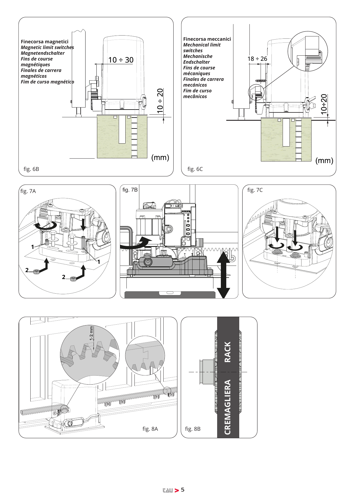 fig. 6B : Finecorsa magnetici / Magnetic limit switches (10 ÷ 30 ; 10 ÷ 20 mm). fig. 6C : Finecorsa meccanici / Mechanical limit switches (18 ÷ 26 ; 10 ÷ 20 mm). fig. 7A, 7B, 7C : fixation et réglage de l'opérateur. fig. 8A : réglage du jeu pignon/crémaillère (1-2 mm). fig. 8B : CREMAGLIERA / RACK.