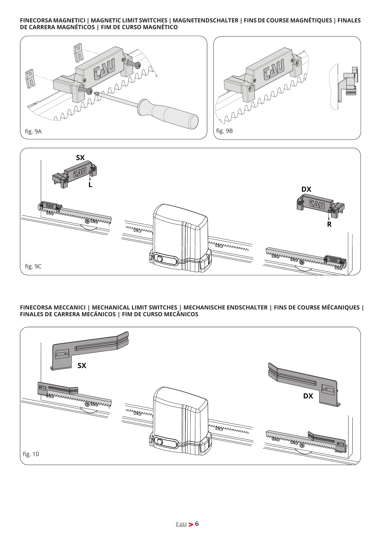 FINECORSA MAGNETICI / MAGNETIC LIMIT SWITCHES : fig. 9A, 9B, 9C (repères SX, L, DX, R). FINECORSA MECCANICI / MECHANICAL LIMIT SWITCHES : fig. 10 (repères SX, DX).