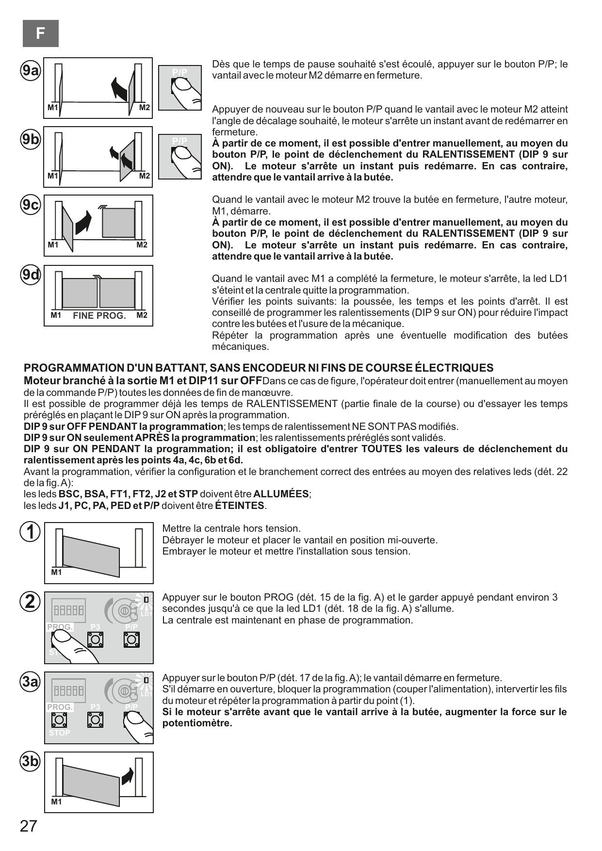 Séquence de programmation ÉVOLUÉE (points 9a à 9d) : fermeture des vantaux M2 puis M1