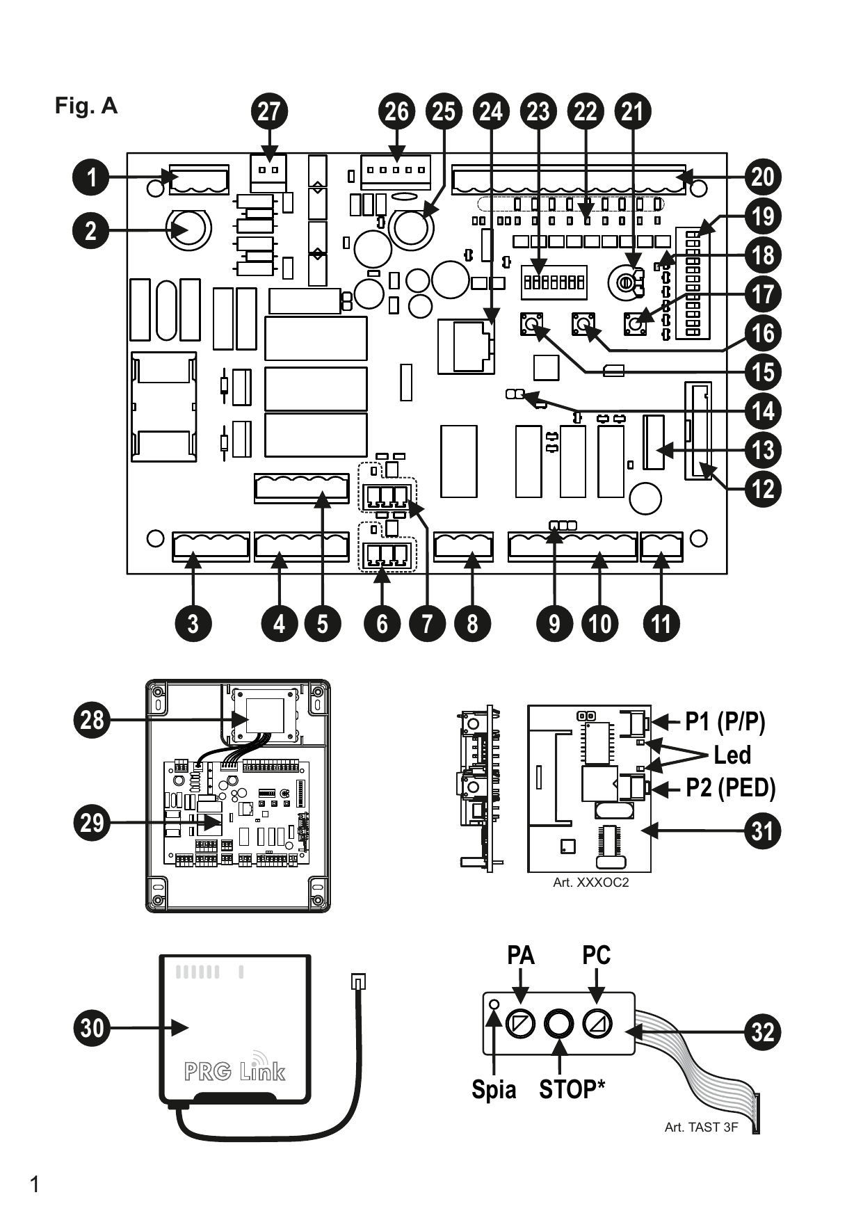 Fig. A – Vue d'ensemble de la carte centrale T600 avec repérage des composants (1 à 32), du récepteur OC2, du PRG-Link et du clavier TAST3F