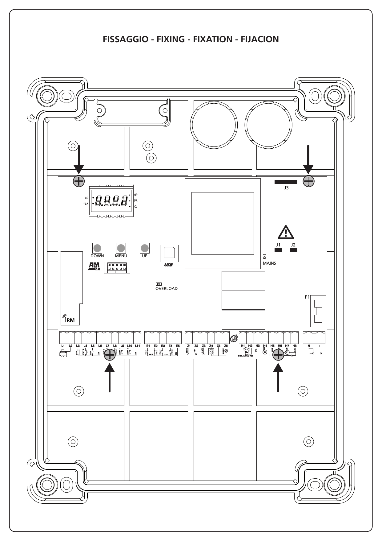 Schéma de fixation et disposition de la carte électronique CITY1-EVO (écran, touches DOWN/MENU/UP, connecteurs J1-J2-J3, bornier)