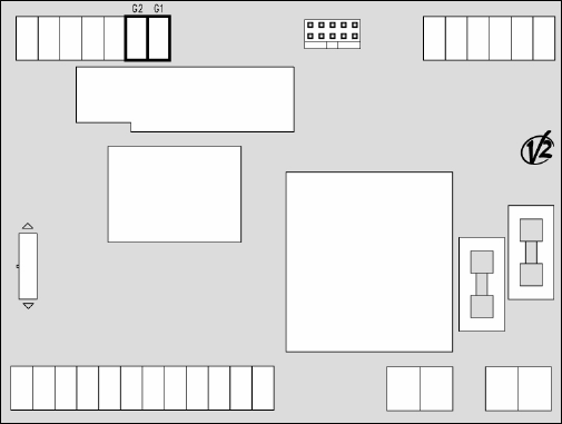 Schéma de la carte avec bornes M10, M11, M12 pour l'alimentation des accessoires