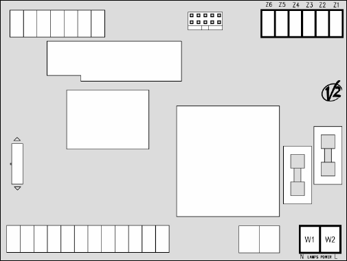 Schéma de la carte avec bornes Z1 à Z6 et W1-W2 pour le raccordement des feux
