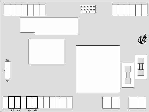 Schéma de la carte avec bornes M2-M3 et M5-M6 pour les capteurs de présence